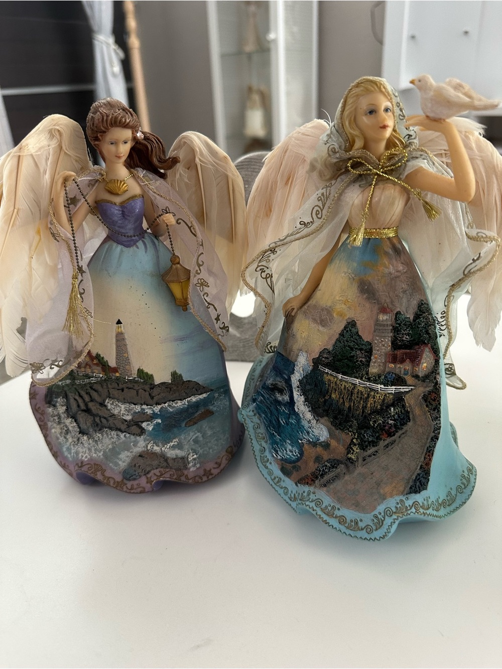 Set of 2 Vintage Coastal Lighthouse Angels Figurines with Feather Wings